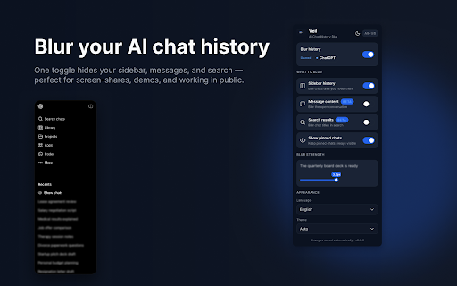 Veil — AI Chat History Blur :: Blur your AI chat history on ChatGPT, Claude, and Gemini with a simple privacy toggle.