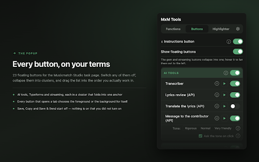 MxM Tools :: Unofficial helper for Musixmatch curators: editing shortcuts, AI transcription, review, lyrics comparison and quality reports.