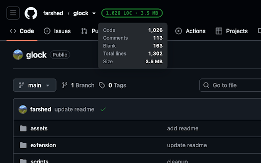 Glock :: Shows a lines-of-code badge next to every GitHub repository name, counted locally in your browser.