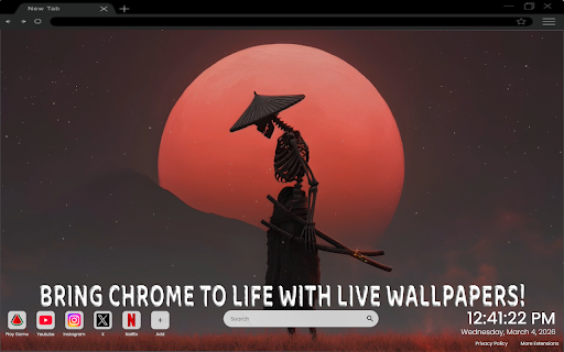 Skeleton Ronin Live Wallpaper :: One of the most epic samurai live wallpapers for Chrome – featuring a fierce skeleton ronin warrior.