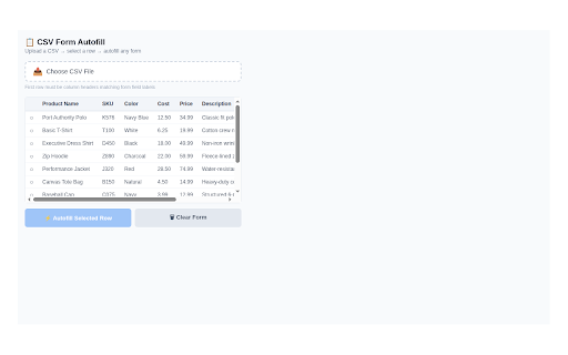 CSV Form Autofill :: Upload a CSV file and autofill web forms with one click. Reads column headers and matches them to form fields automatically.