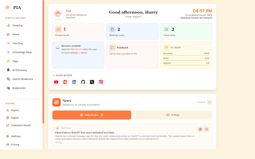 PIA - Personal Intelligence Assistant :: Your personal AI-powered bookmark dashboard - beautiful startup page with smart organization