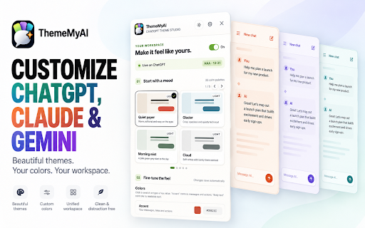 Custom Themes for ChatGPT, Claude & Gemini – Colors & UI Styles :: Make ChatGPT, Claude, Gemini and Kimi feel like yours with 48 calm themes, custom colors, typography and layouts—all stored locally.