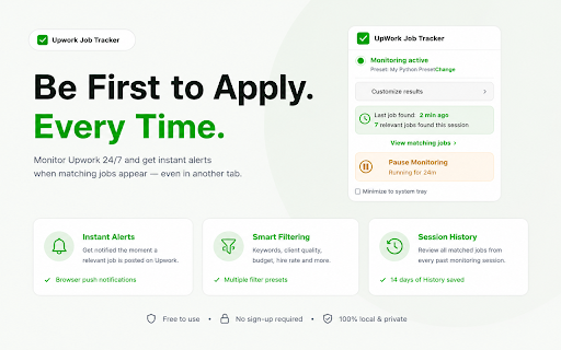 Upwork Job Tracker & Notifications :: Auto-monitor Upwork for new jobs and get instant browser notifications — never miss a relevant opportunity again.