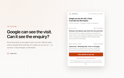 Admiral (Google Ads & Meta tracking check) :: Check whether your site can tell Google Ads and Meta that an ad produced an enquiry. The page check runs only in your browser.