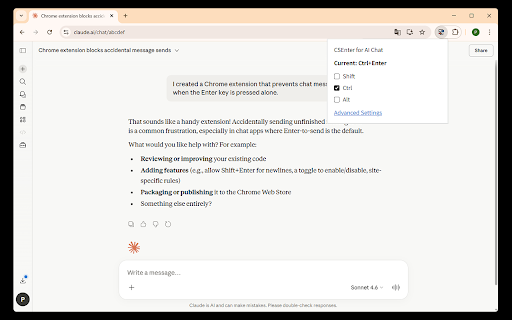 CSEnter for AI Chat :: Change the send trigger key in Claude, ChatGPT, Gemini, Copilot, Grok, etc.
