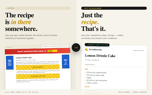 Drizzlelemons — Ad-Free Recipe Converter :: Remove ads from any recipe site instantly. Get clean ingredients and instructions with one click. Free.