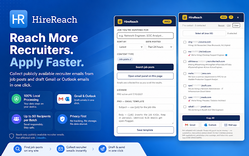 HireReach — Job Post Email Organizer :: Organize publicly posted recruiter emails from job posts you're viewing & apply faster. 100% local. Not affiliated with LinkedIn.