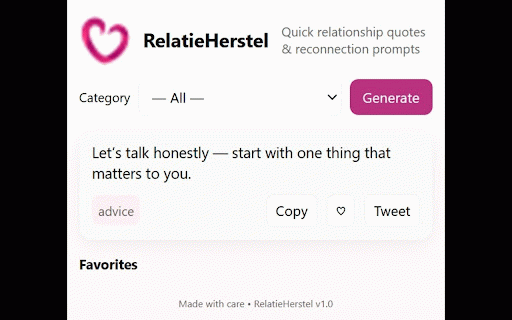 RelatieHerstel — Relationship Quotes :: Generate relationship quotes and connection prompts. Save favorites, copy and share quickly.