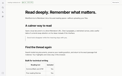 MarkDeck: Markdown Viewer & Reader :: Open local .md files by their path and read them beautifully. Live updates, highlights and notes. Private, no account.
