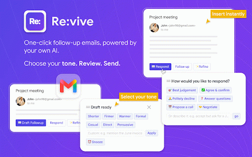 Re:vive — AI Email Follow-ups :: AI follow-ups, replies & draft polish for Gmail — with your own Claude or ChatGPT. No API keys, nothing leaves your browser.