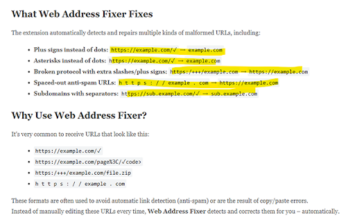 Links and Web Address Fixer :: Fixes malformed web addresses in Chrome, including https://example.com/✓, https://example.com/✓ and spaced-out URLs on any page.
