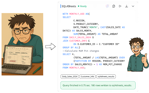 SQL4Sheets - Run real SQL in Google Sheets :: Say goodbye to formula dragging. Run real SQL in Google Sheets. Local, fast, beginner-friendly, zero setup. No database required.