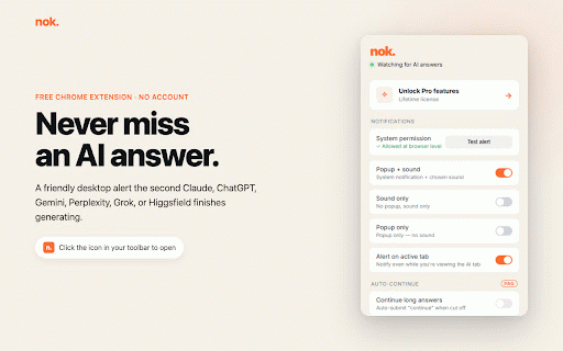 nok. — Desktop alerts for AI chat completion :: Desktop alerts the moment your AI chat response finishes. Runs locally. No account required.