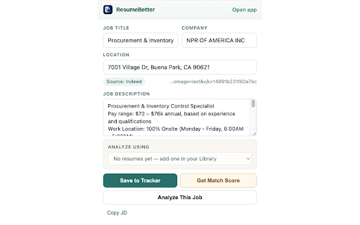 ResumeBetter Job Saver :: Capture the job posting on your current tab and send it straight to your ResumeBetter tracker or Job Analyzer.