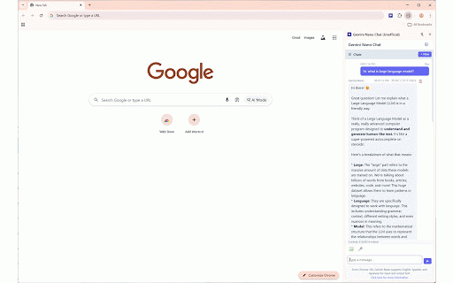 Gemini Nano Chat (Unofficial) :: Chat with Gemini Nano — a local AI running in your browser. This is an unofficial extension.