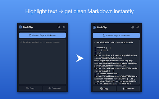 MarkClip: Webpage to Markdown Clipper :: Converts full webpages or user selections to Markdown with YAML frontmatter and safe MV3 downloads.