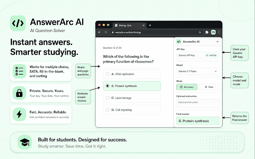 AnswerArc AI — Question Solver :: AI question solver using your Gemini API key, selectable models, verification, and robust webpage text extraction.