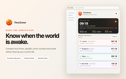 TimeZoner — World Time at a Glance :: Compare world time zones, daylight, lunch, sunrise and sunset with your local time.