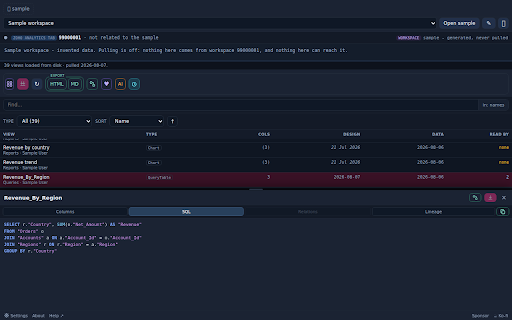 Zoost - workbench for Zoho Analytics :: Independent, unofficial: mirror a Zoho Analytics workspace to local files - views, columns, foreign keys, query-table SQL.