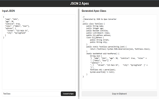 JSON to Apex Converter :: Easily convert JSON into structured Apex classes for Salesforce development with this powerful and user-friendly tool.