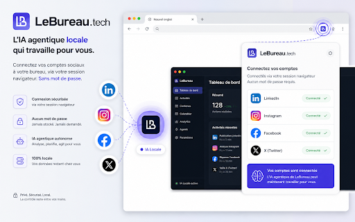 LeBureau Connect :: Connecte tes comptes (LinkedIn, Substack, Instagram, X…) à ton bureau LeBureau via ta session de navigateur, sans mot de passe.