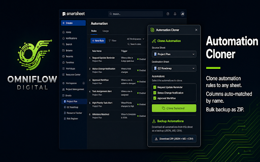 Smartsheet Automation Cloner — by OmniFlow Digital :: Browse, copy, and bulk-deploy Smartsheet automation workflows across sheets. Rewrites column references automatically.