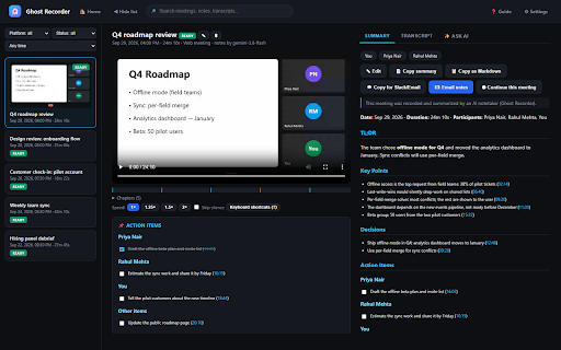 Ghost Recorder :: One-click AI meeting notes on any platform. Local recording, speaker transcripts, summaries, action items. Bring your own AI key.