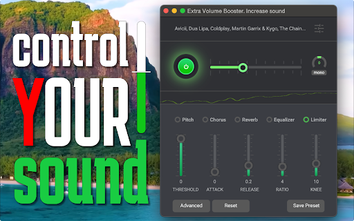 Extra volume booster. Increase sound :: Boost volume, shape sound with equalizer, effects. Maximize audio loudness on tabs. Control and customize volume levels on your own