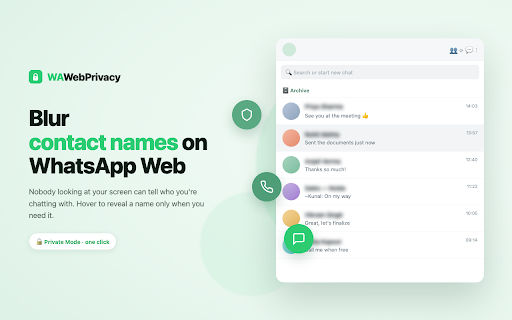 Blur for WhatsApp Web - Hide Names, Photos & Chats :: One click to blur contact names, photos and chat messages on WhatsApp Web. Anti screen & status spying — hover to reveal.