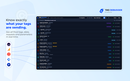 Tag Debugger by Aloola.io :: See every analytics and ad tag fire, the data layer pushes that triggered them, and any duplicates or personal data leaking out.