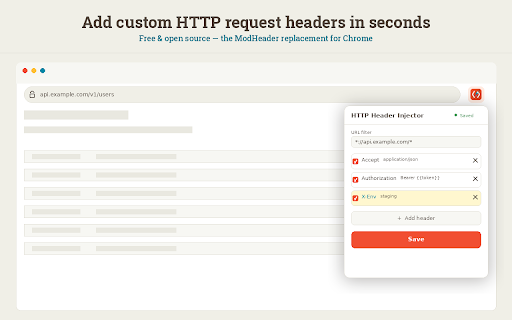 HTTP Header Injector :: Add custom HTTP request headers in Chrome. A free, lightweight, open-source alternative to ModHeader.
