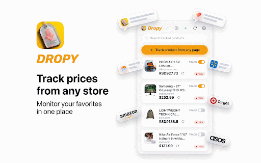 Dropy – Price Tracker & Price Drop Alerts :: Track prices on any website. Instant drop alerts, price history charts & cloud sync. Works on Amazon, eBay, AliExpress & more.