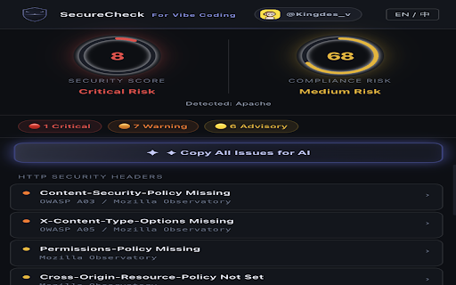 SecureCheck AI Web Scanner :: Free scanner for AI-built websites: find browser-visible security risks and copy AI-ready fix prompts.
