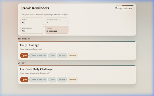 Streak Reminders :: New Tab reminders for daily streaks with priority queue and done-for-today logic.