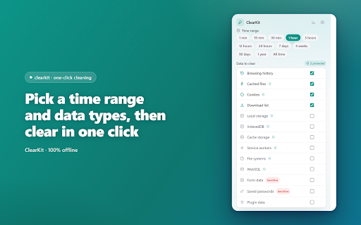 ClearKit – History & Cache Cleaner :: Clear history, cache & cookies in one click or on schedule. Whitelist keeps you signed in. 100% offline.