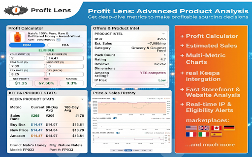 Profit Lens :: Calculate FBA/FBM profit, ROI, and margins directly on Amazon product pages with real-time fee calculations and Keepa price charts.