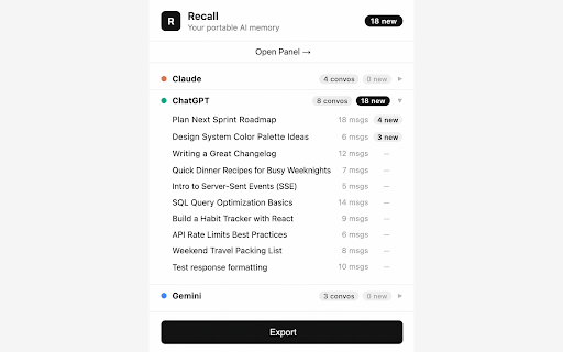 Recall :: Capture your AI conversations from Claude, ChatGPT, and Gemini as a portable memory layer.