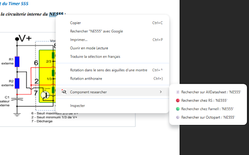 Component Researcher :: Recherche rapide de composants : datasheets, prix et équivalents via clic droit ou popup sur AllDatasheet, RS, Farnell et Octopart.