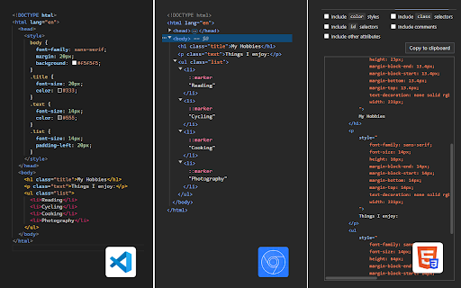 Copy HTML with CSS :: Adds a DevTools Elements sidebar that lets you copy the selected element's HTML along with its computed CSS as inline styles.