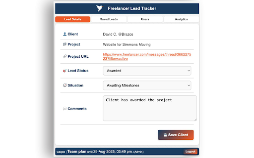 Freelancer Lead Tracker :: Save Freelancer.com clients in one click, track chats, manage leads, create teams, assign profiles, and monitor analytics.