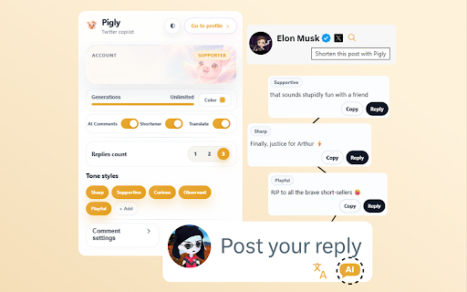 Pigly - AI Reply Generator for X/Twitter :: Generate AI replies, shorten posts, and translate text directly inside X/Twitter.