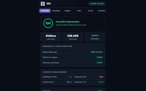 SEO Page Analyzer by Tooliofy :: Instant on-page SEO analyzer. Audit titles, descriptions, headings, image alt attributes, canonicals, and schemas.