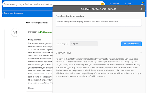 Customer Service Helper with GPT-4 in Walmart :: Provide canned responses or reply template by ChatGPT base on the question of customers in Walmart.