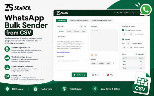 ZS Sender - WhatsApp Bulk Sender from CSV :: Send WhatsApp messages in bulk from WhatsApp Web: numbers, contacts, groups, lists, CSV import, delays and batching.