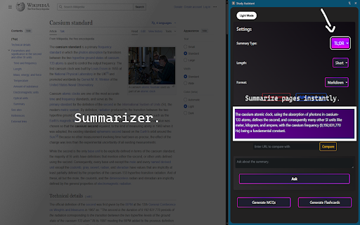 Study Assistant :: Get a short summary of webpage content using Chrome's built-in summarization API.