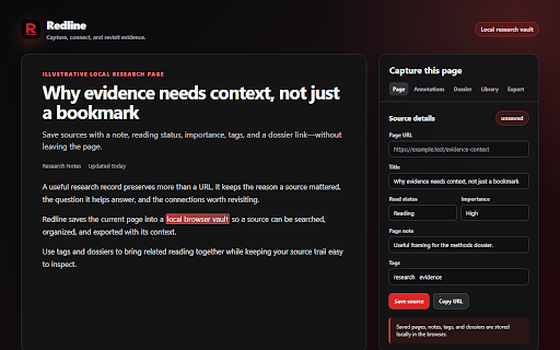 Redline :: Annotate the web. Keep the evidence. Local annotations for serious reading.