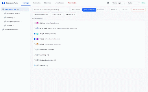 BookmarkPulse — Bookmark Manager & Visit Stats :: Free bookmark manager with batch tools, dedupe, export, and dark mode. Pro adds visit stats, weekly trends, and broken-link checks.