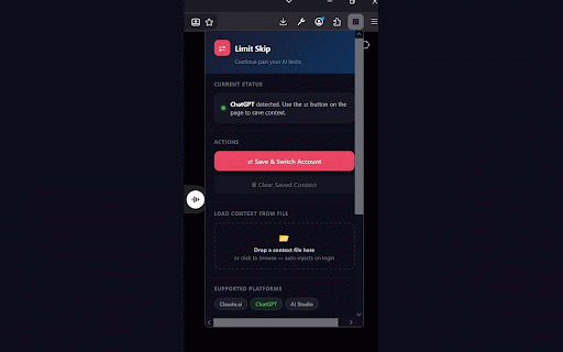 Limit Skip :: Hit your AI chat limit? Save your conversation and seamlessly continue it on another account — no copy-paste, no lost context.
