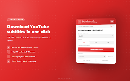 YouTube Subtitle Downloader - SRT, VTT, TXT :: YouTube subtitle downloader: save captions as SRT, VTT, or TXT. Works on auto-generated captions. No ads, no signup, no redirects.
